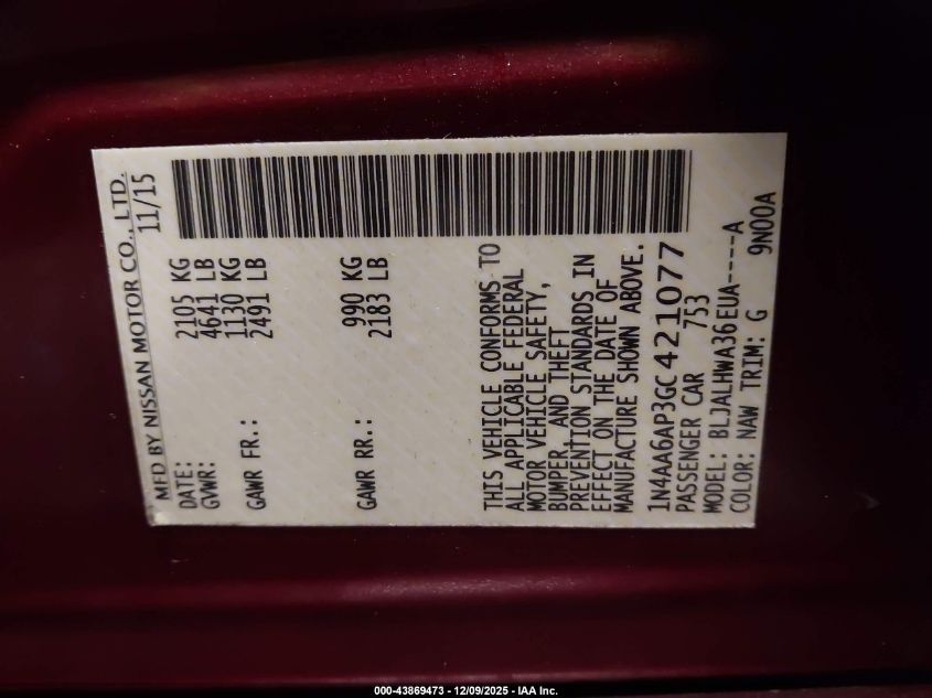 2016 Nissan Maxima 3.5 Platinum VIN: 1N4AA6AP3GC421077 Lot: 43869473