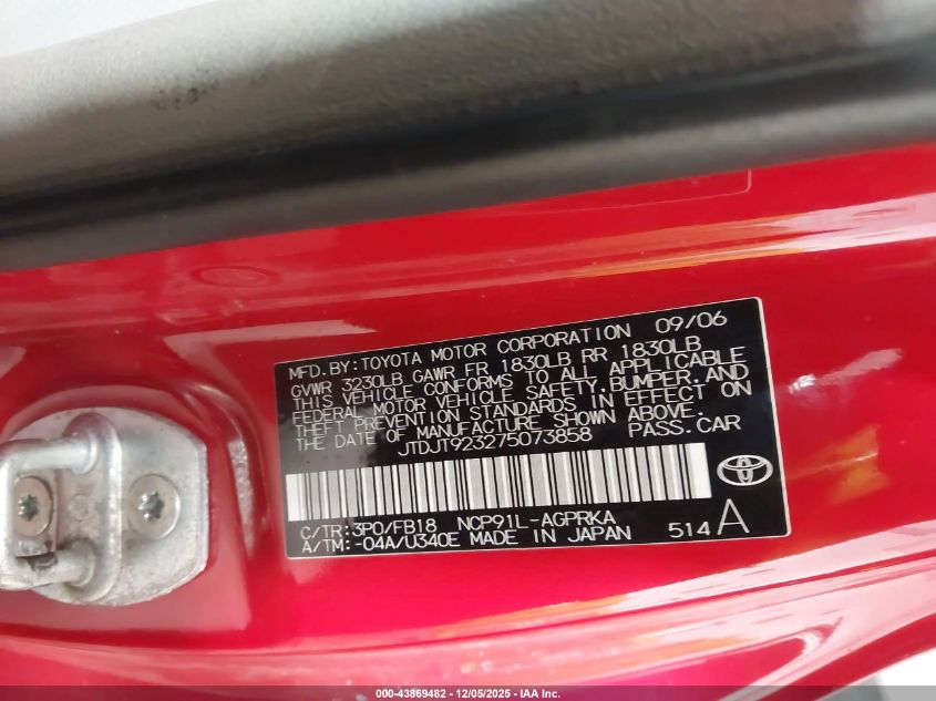 2007 Toyota Yaris VIN: JTDJT923275073858 Lot: 43869482