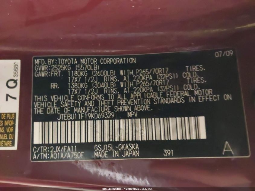 2009 Toyota Fj Cruiser VIN: JTEBU11F19K069329 Lot: 43869486