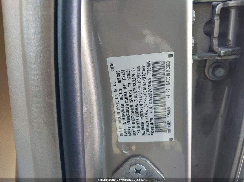 2009 Honda Cr-V Ex VIN: 3CZRE38599G705005 Lot: 43869489