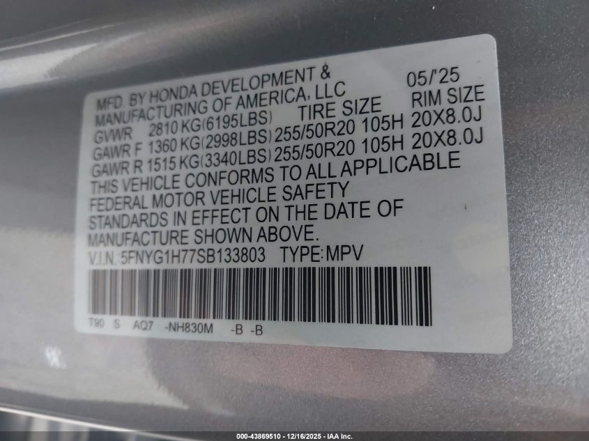 2025 Honda Pilot Touring VIN: 5FNYG1H77SB133803 Lot: 43869510