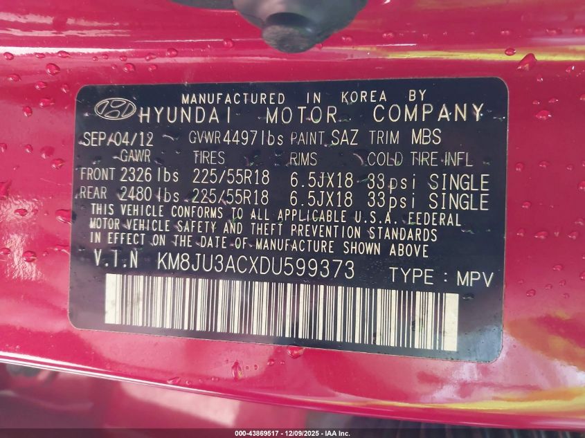 2013 Hyundai Tucson Limited VIN: KM8JU3ACXDU599373 Lot: 43869517