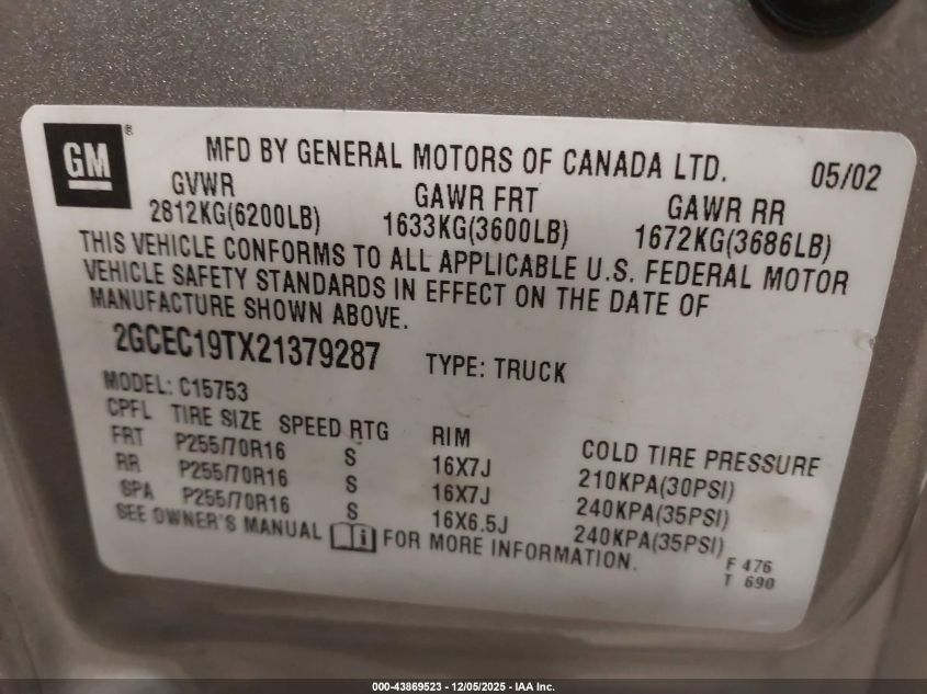 2002 Chevrolet Silverado 1500 Lt VIN: 2GCEC19TX21379287 Lot: 43869523