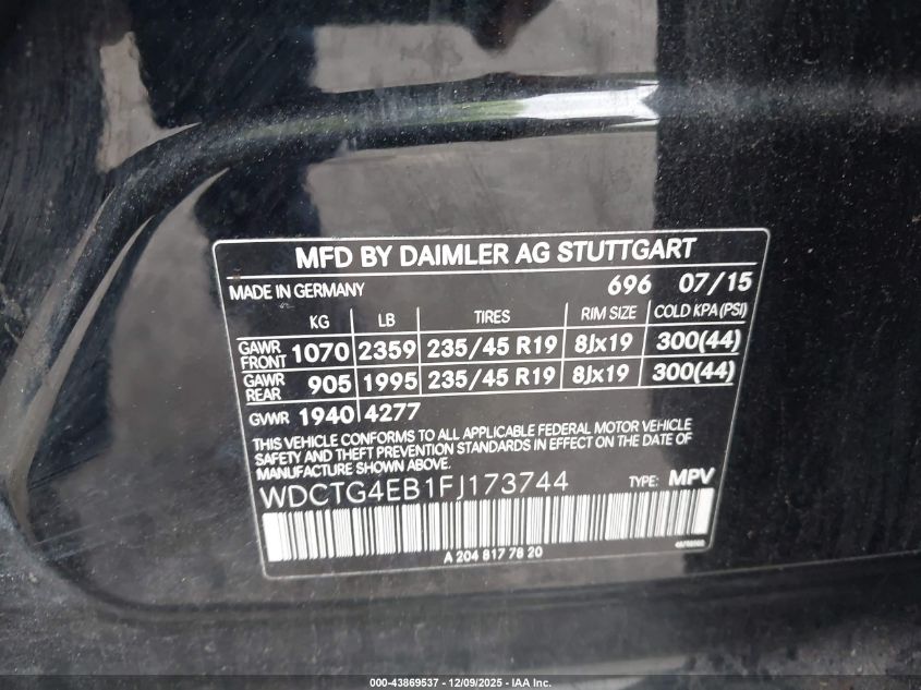 2015 Mercedes-Benz Gla 250 VIN: WDCTG4EB1FJ173744 Lot: 43869537