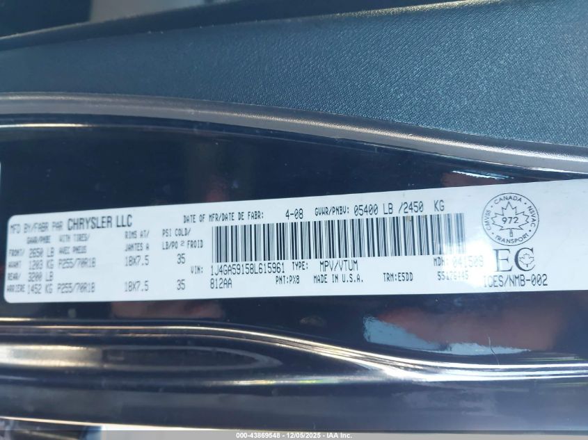 2008 Jeep Wrangler Unlimited Sahara VIN: 1J4GA59158L615961 Lot: 43869548