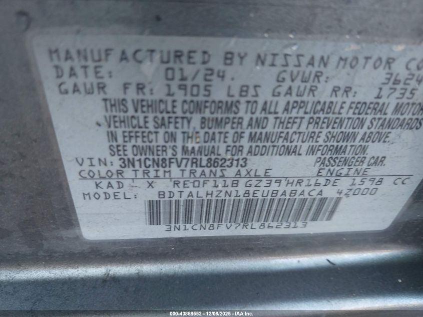 2024 Nissan Versa 1.6 Sr VIN: 3N1CN8FV7RL862313 Lot: 43869552