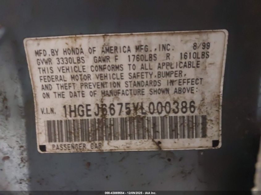 2000 Honda Civic Lx VIN: 1HGEJ6675YL000386 Lot: 43869554