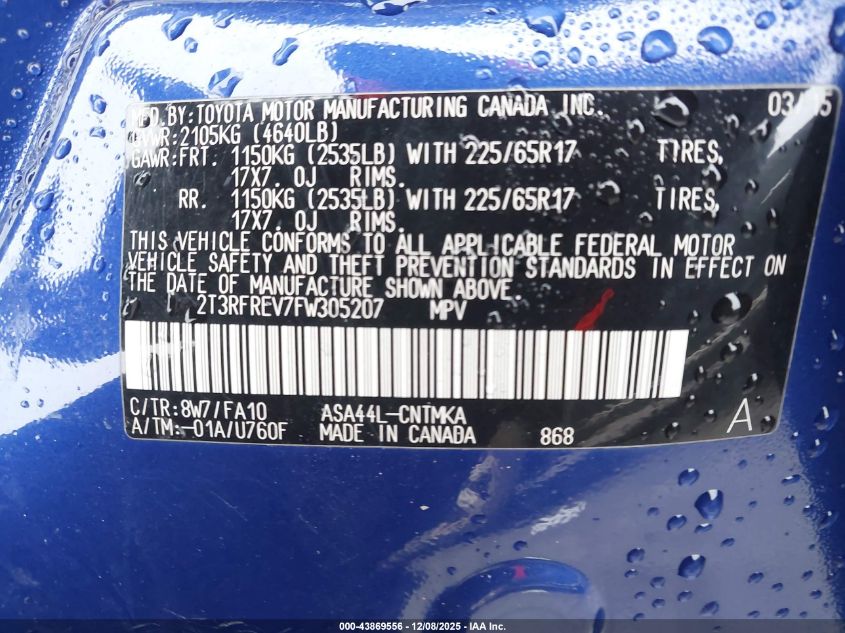 2015 Toyota Rav4 Xle VIN: 2T3RFREV7FW305207 Lot: 43869556