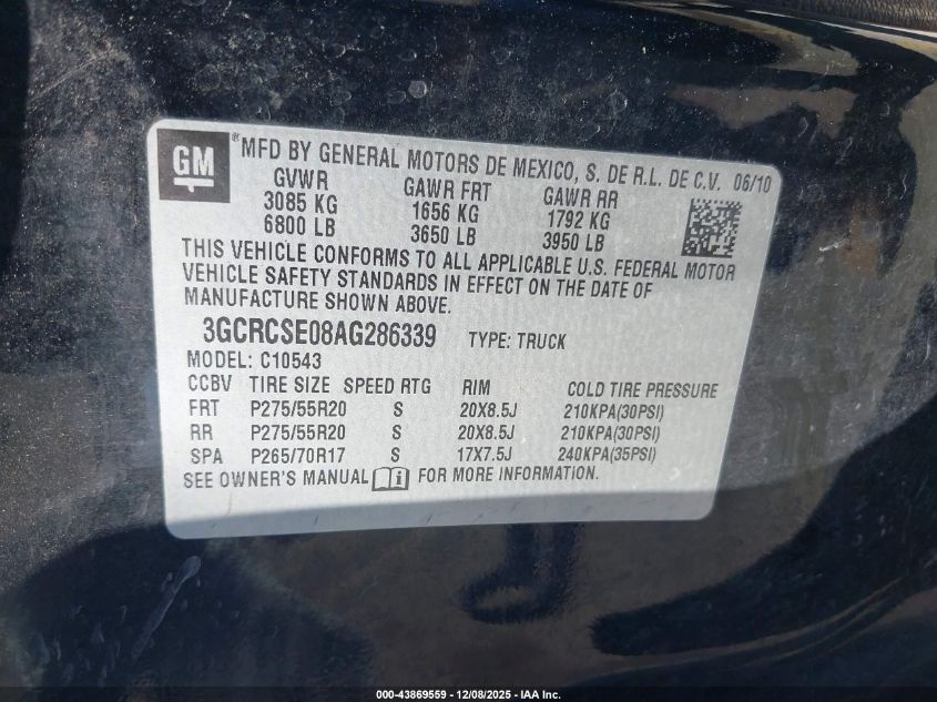 2010 Chevrolet Silverado 1500 Lt VIN: 3GCRCSE08AG286339 Lot: 43869559