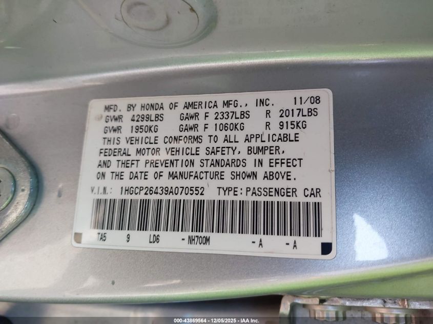 2009 Honda Accord 2.4 Lx-P VIN: 1HGCP26439A070552 Lot: 43869564