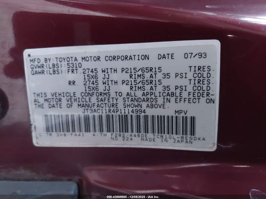 1993 Toyota Previa Dx VIN: JT3AC11R4P1114994 Lot: 43869565