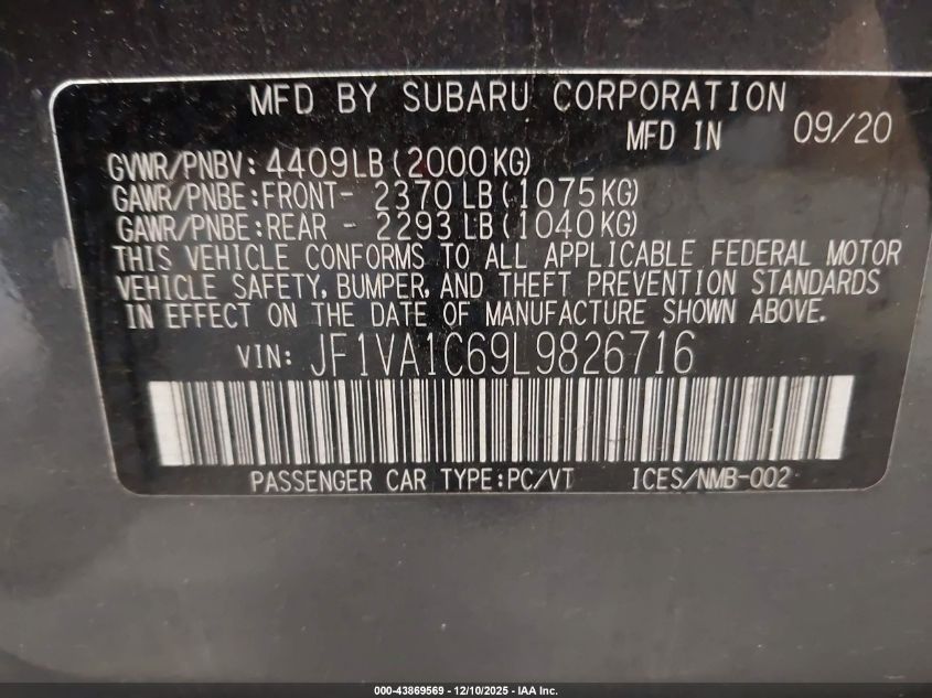 2020 Subaru Wrx Premium VIN: JF1VA1C69L9826716 Lot: 43869569