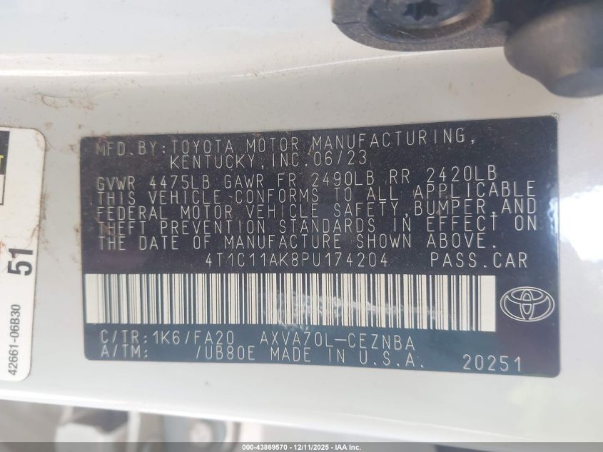 2023 Toyota Camry Le VIN: 4T1C11AK8PU174204 Lot: 43869570