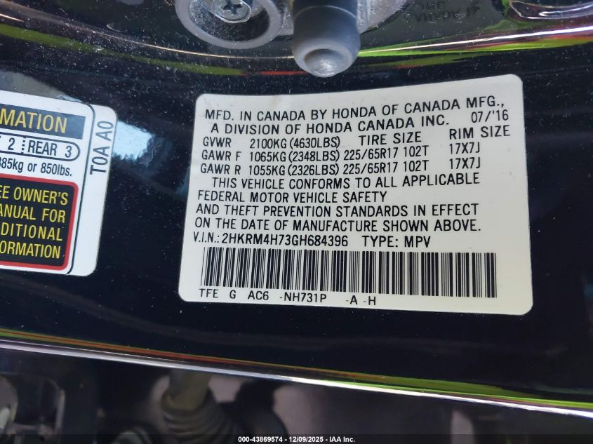 2016 Honda Cr-V Ex-L VIN: 2HKRM4H73GH684396 Lot: 43869574