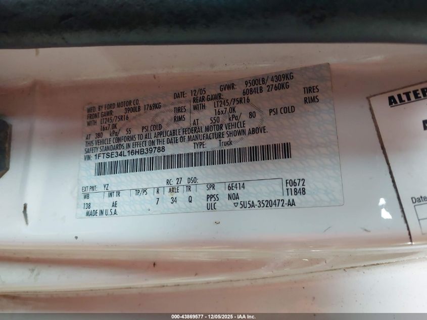 2006 Ford E-350 Super Duty Commercial/Recreational VIN: 1FTSE34L16HB39788 Lot: 43869577