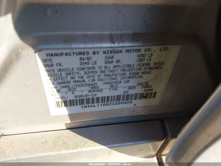 2002 Nissan Altima VIN: IN4AL11052C250425 Lot: 43869587