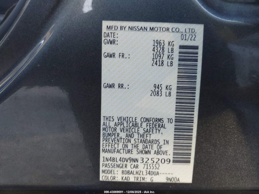 2022 Nissan Altima Sv Fwd VIN: 1N4BL4DV9NN325209 Lot: 43869591