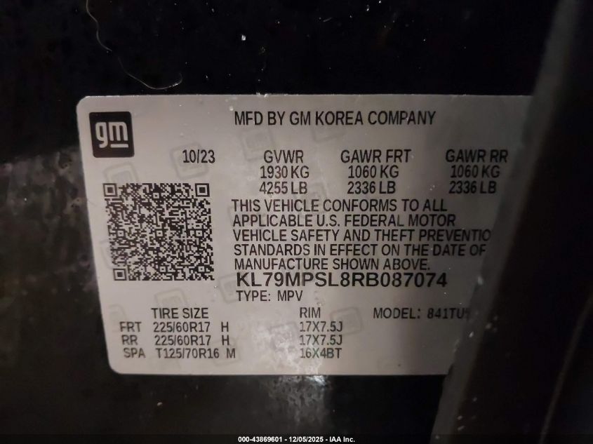 2024 Chevrolet Trailblazer Fwd Lt VIN: KL79MPSL8RB087074 Lot: 43869601