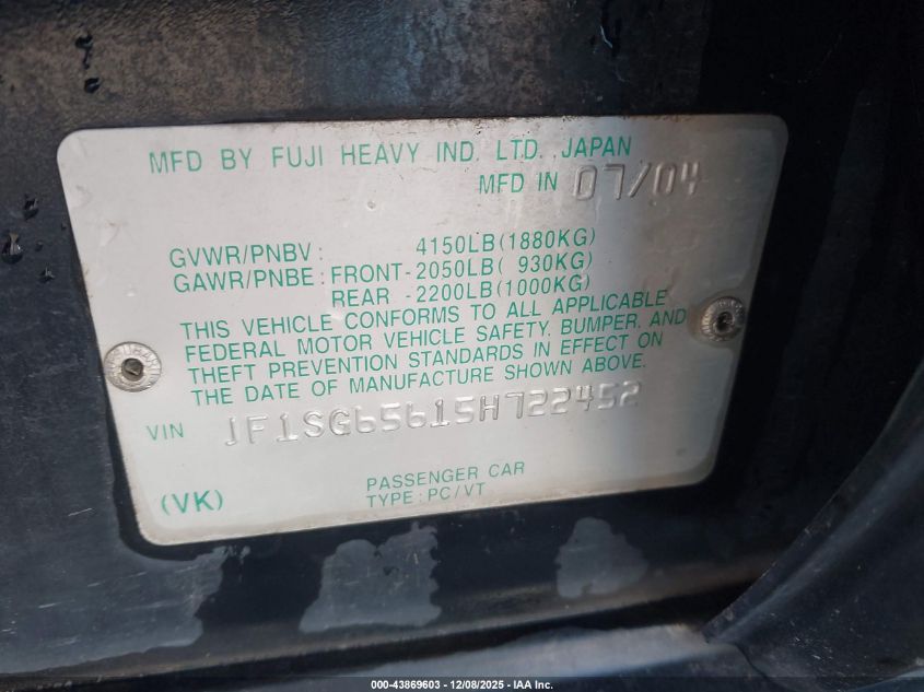 2005 Subaru Forester 2.5Xs VIN: JF1SG65615H722452 Lot: 43869603