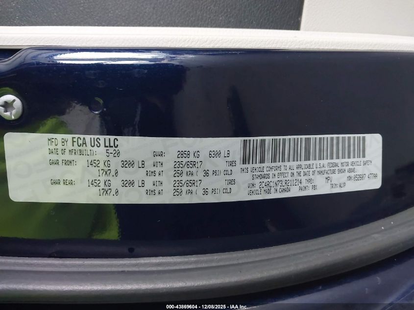 2020 Chrysler Pacifica Hybrid Limited VIN: 2C4RC1N73LR211214 Lot: 43869604