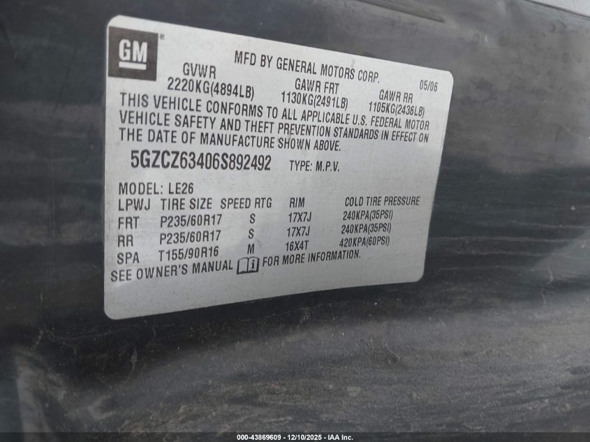 2006 Saturn Vue V6 VIN: 5GZCZ63406S892492 Lot: 43869609