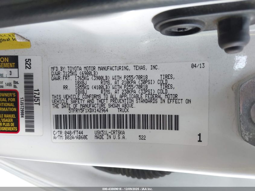 2013 Toyota Tundra Grade 5.7L V8 VIN: 5TFRY5F1XDX142964 Lot: 43869616