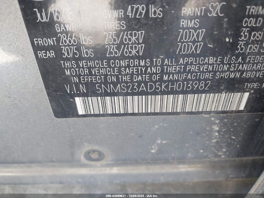 2019 Hyundai Santa Fe Se VIN: 5NMS23AD5KH013982 Lot: 43869621