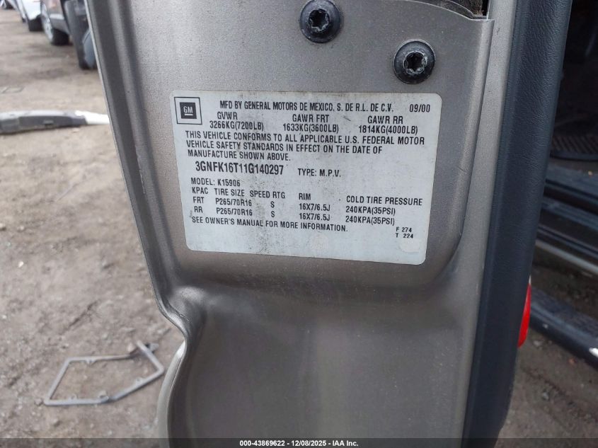 2001 Chevrolet Suburban 1500 Lt VIN: 3GNFK16T11G140297 Lot: 43869622