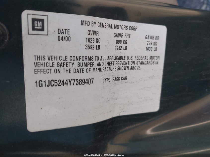 1G1JC5244Y7389407 2000 CHEVROLET CAVALIER photo no. 9