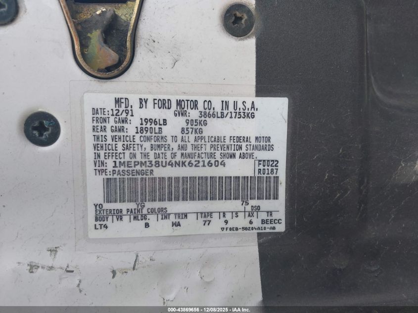 1992 Mercury Topaz Lts VIN: 1MEPM38U4NK621604 Lot: 43869656
