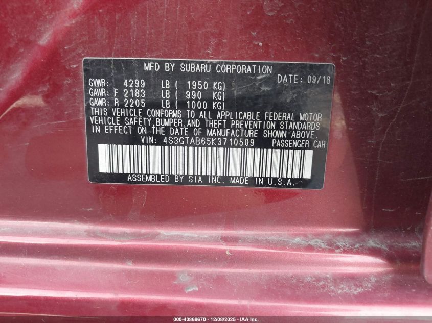 2019 Subaru Impreza 2.0I VIN: 4S3GTAB65K3710509 Lot: 43869670