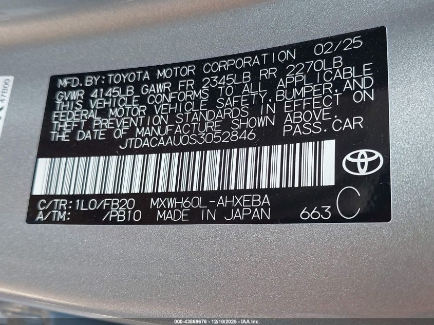 2025 Toyota Prius Le VIN: JTDACAAU0S3052846 Lot: 43869676