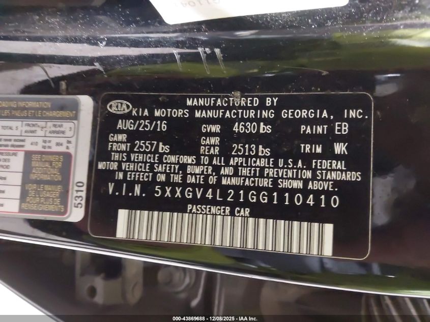 2016 Kia Optima Sxl Turbo VIN: 5XXGV4L21GG110410 Lot: 43869688