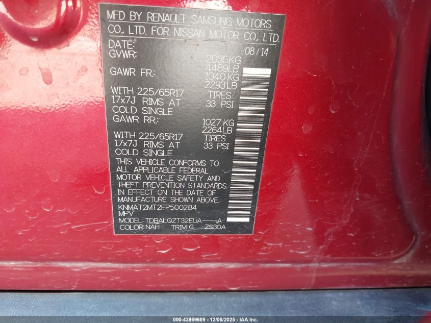 2015 Nissan Rogue Sv VIN: KNMAT2MT2FP500284 Lot: 43869689