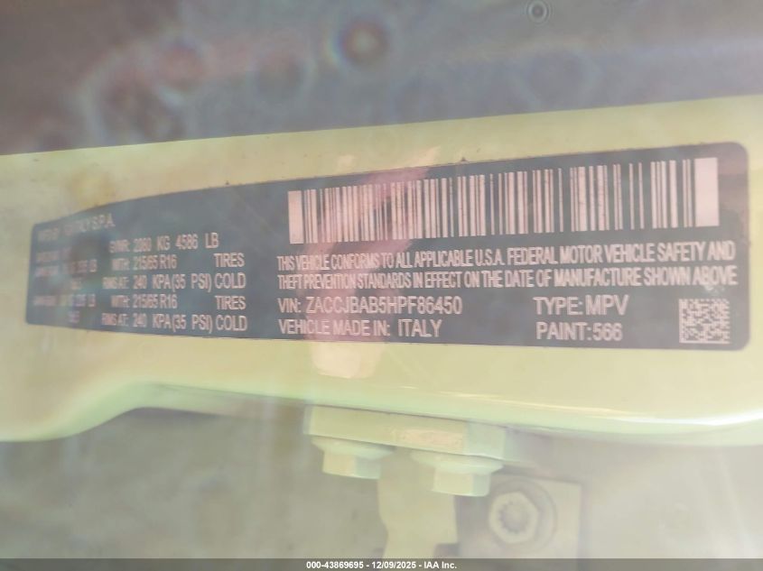 2017 Jeep Renegade Sport 4X4 VIN: ZACCJBAB5HPF86450 Lot: 43869695