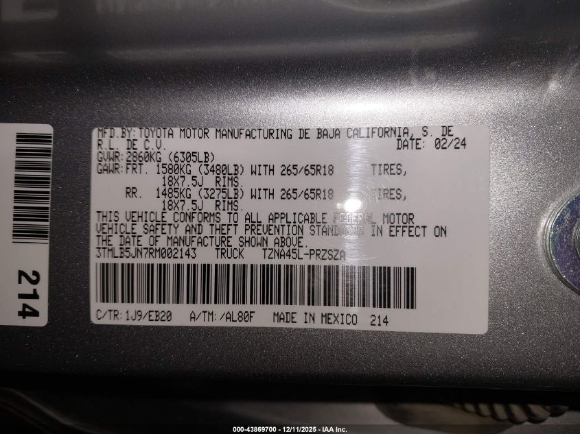 2024 Toyota Tacoma Limited VIN: 3TMLB5JN7RM002143 Lot: 43869700