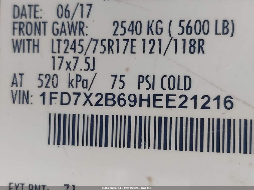 2017 Ford F-250 Xl VIN: 1FD7X2B69HEE21216 Lot: 43869704