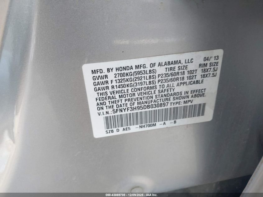 2013 Honda Pilot Touring VIN: 5FNYF3H95DB030897 Lot: 43869708