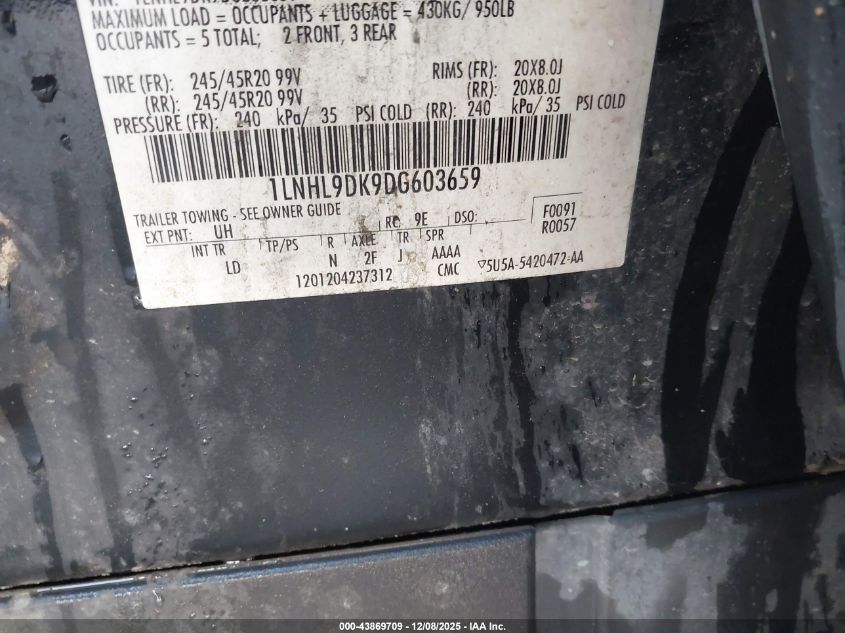 2013 Lincoln Mks VIN: 1LNHL9DK9DG603659 Lot: 43869709