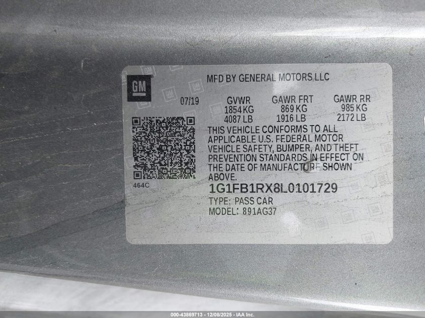 2020 Chevrolet Camaro Rwd 1Ls VIN: 1G1FB1RX8L0101729 Lot: 43869713