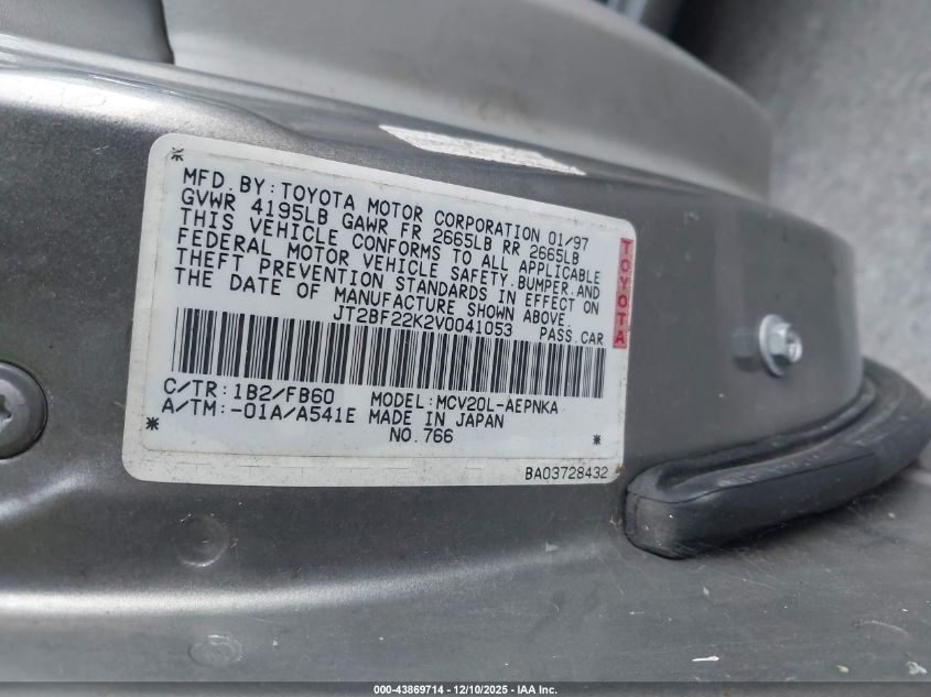 1997 Toyota Camry Le V6 VIN: JT2BF22K2V0041053 Lot: 43869714