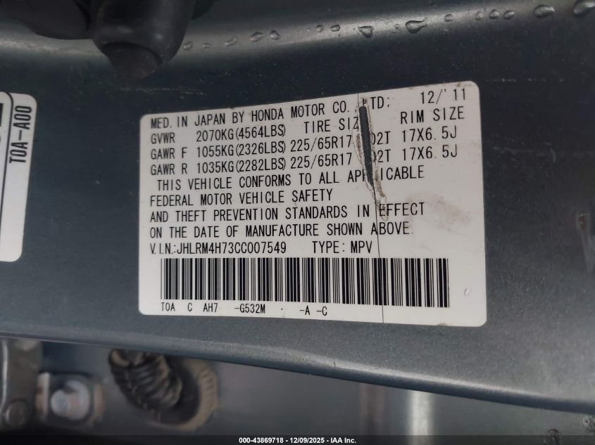 2012 Honda Cr-V Ex-L VIN: JHLRM4H73CC007549 Lot: 43869718