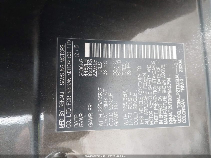 2016 Nissan Rogue S VIN: KNMAT2MT9GP642794 Lot: 43869742