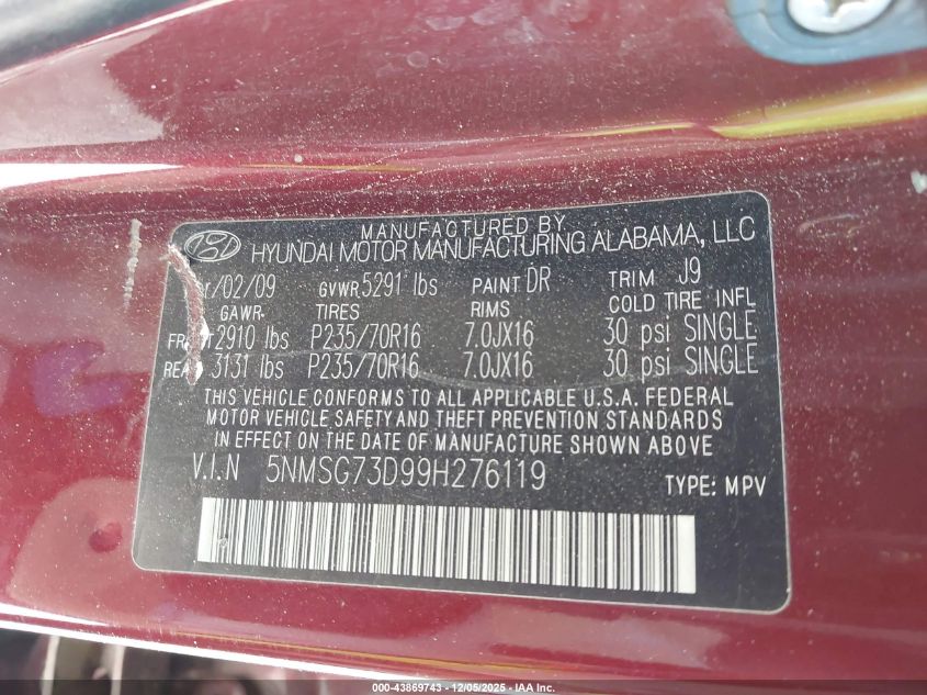 2009 Hyundai Santa Fe Gls VIN: 5NMSG73D99H276119 Lot: 43869743