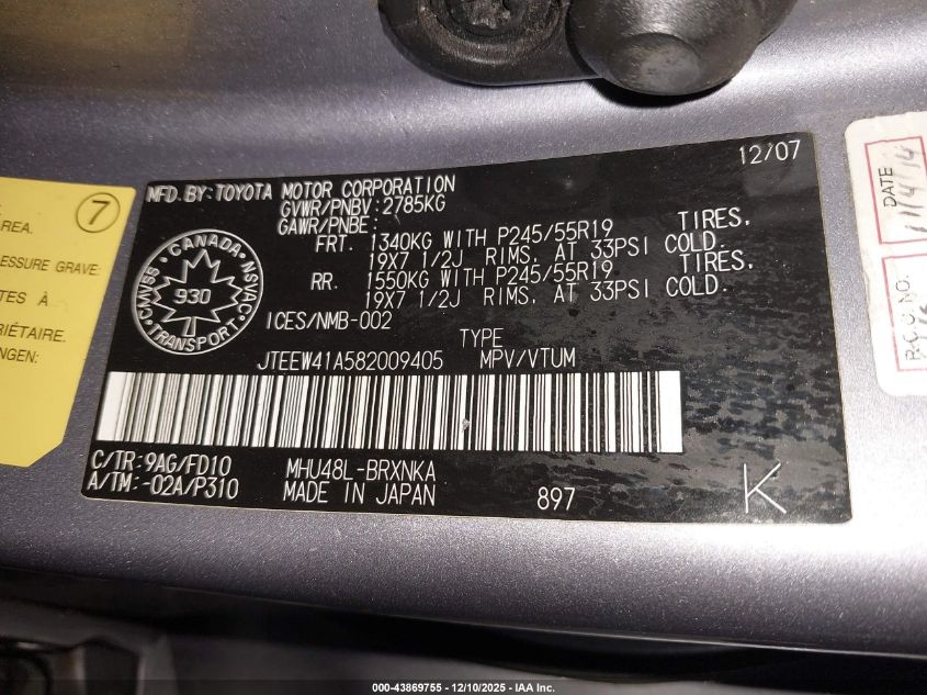 2008 Toyota Highlander Hybrid VIN: JTEEW41A582009405 Lot: 43869755