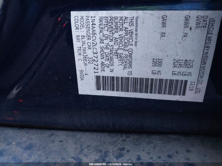 2020 Nissan Maxima Sv Xtronic Cvt VIN: 1N4AA6CV2LC372721 Lot: 43869759