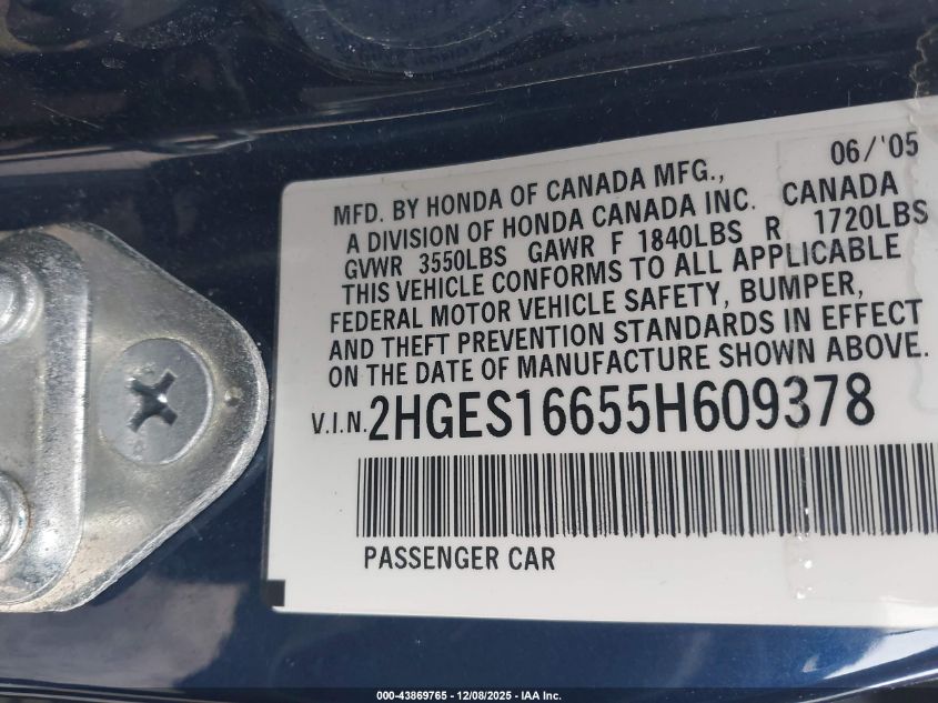 2005 Honda Civic Lx VIN: 2HGES16655H609378 Lot: 43869765