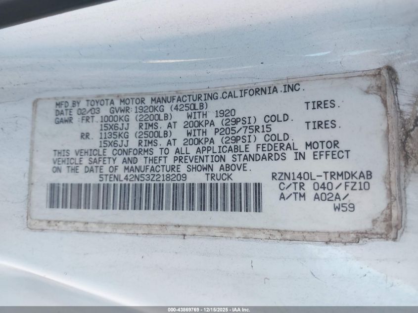 2003 Toyota Tacoma VIN: 5TENL42N53Z218209 Lot: 43869769