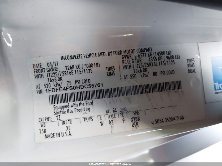 2017 Ford E-450 Cutaway VIN: 1FDFE4FS0HDC55761 Lot: 43869782