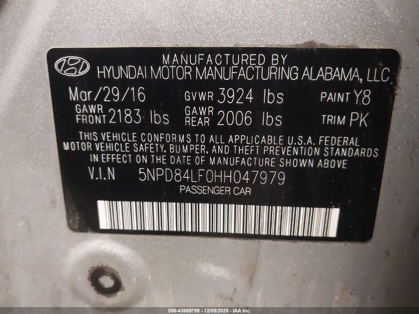 2017 Hyundai Elantra Limited VIN: 5NPD84LF0HH047979 Lot: 43869799